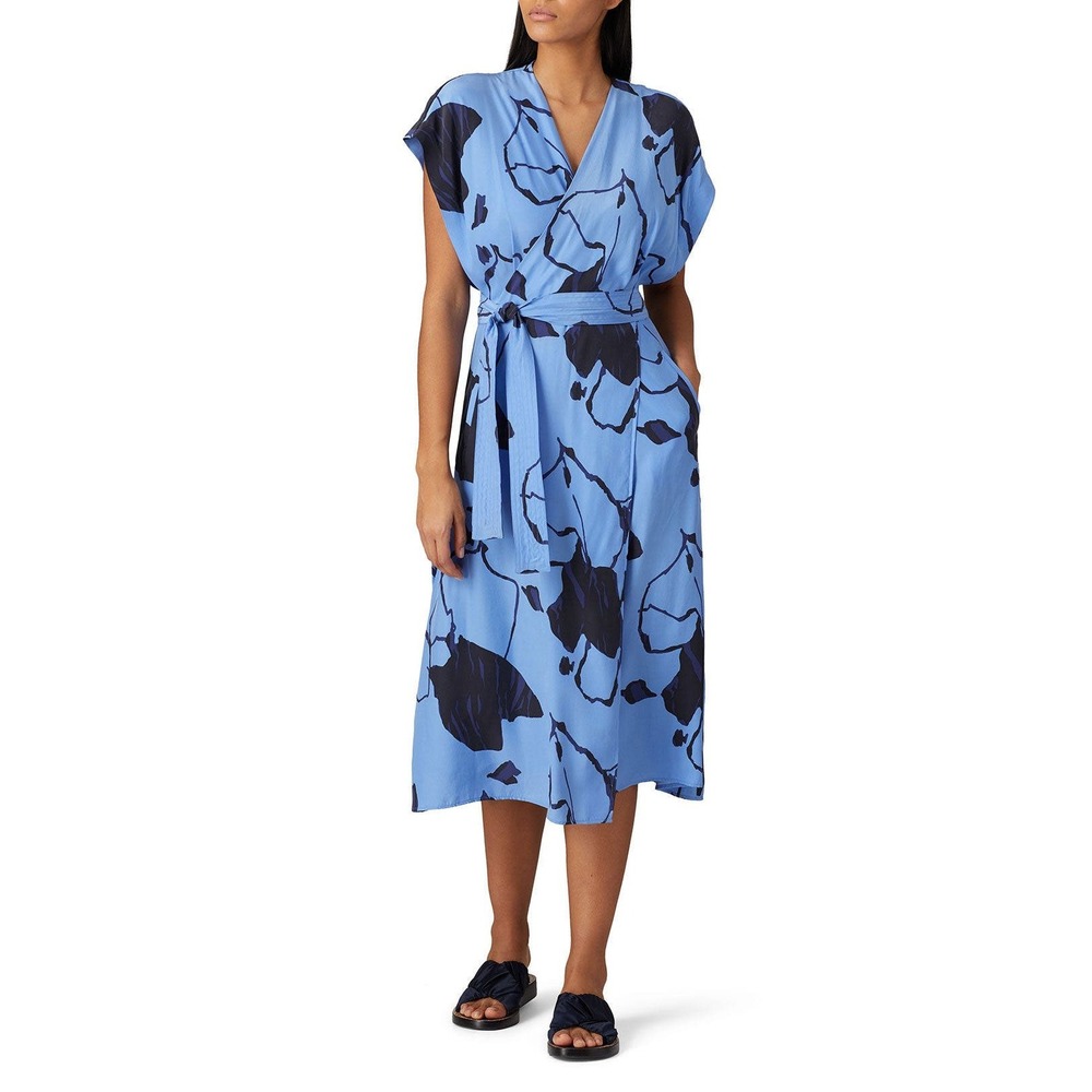 Equipment‎ Bijou Silk Dress Blue Black Abstract Floral Midi Wrap Womens Size 10